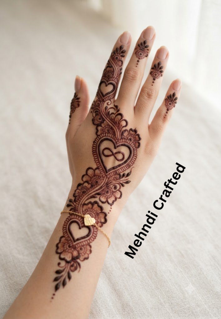 Back hand Friendship Mehndi Designs 2026 with stylish floral and heart patterns