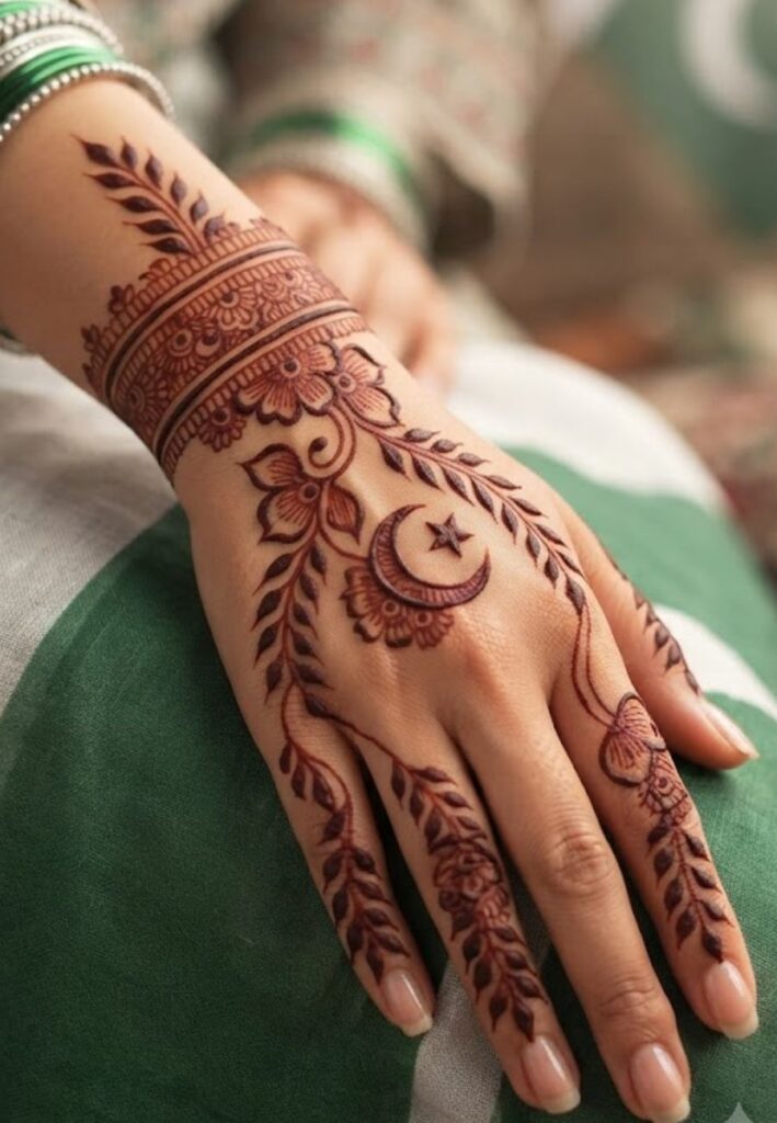 Back Hand Independence Day Mehndi Designs with elegant Pakistani patriotic henna patterns and floral details