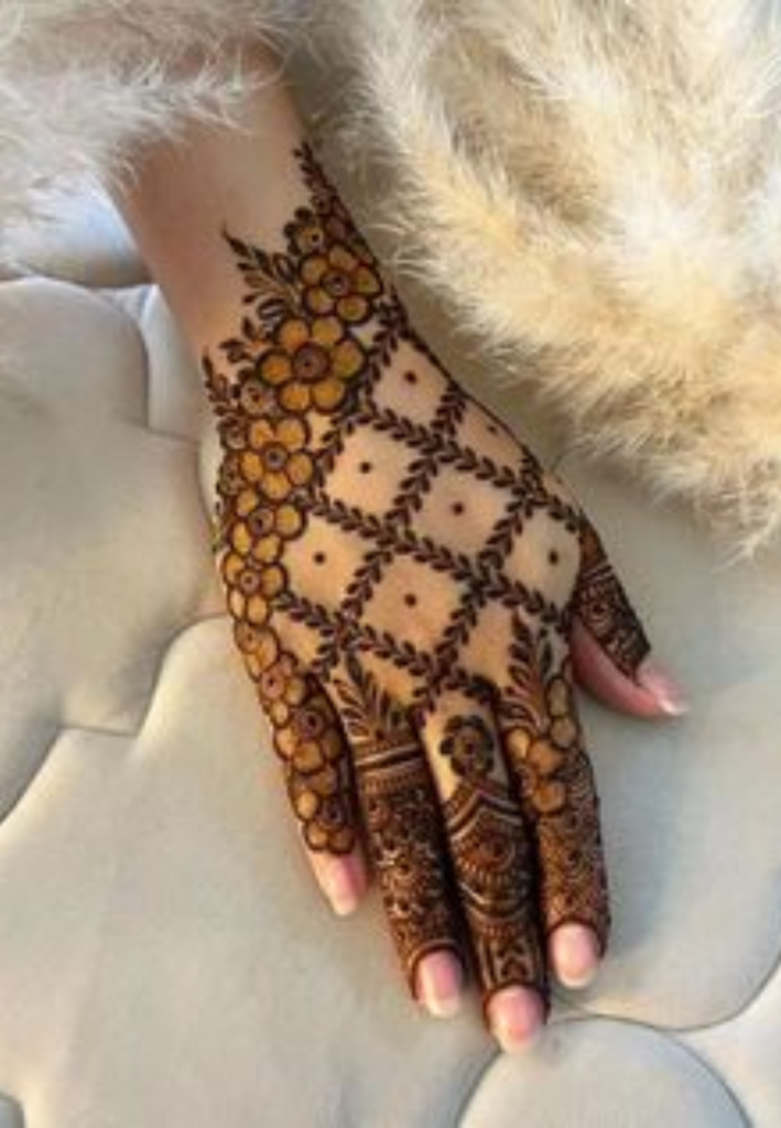 Back hand Karwa Chauth mehndi designs with elegant floral, bracelet, and traditional henna patterns for a festive and graceful look.