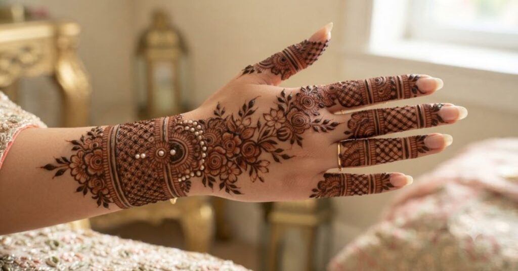 Back hand Pakistani Mehndi Designs with floral details