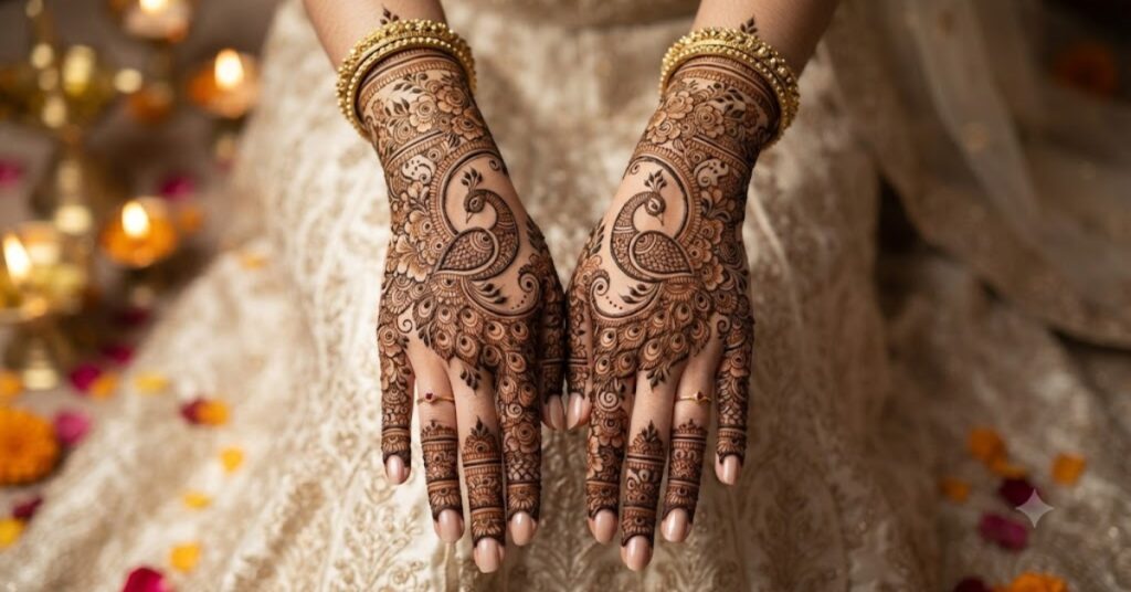 Back hand Peacock Mehndi Designs with feather artwork