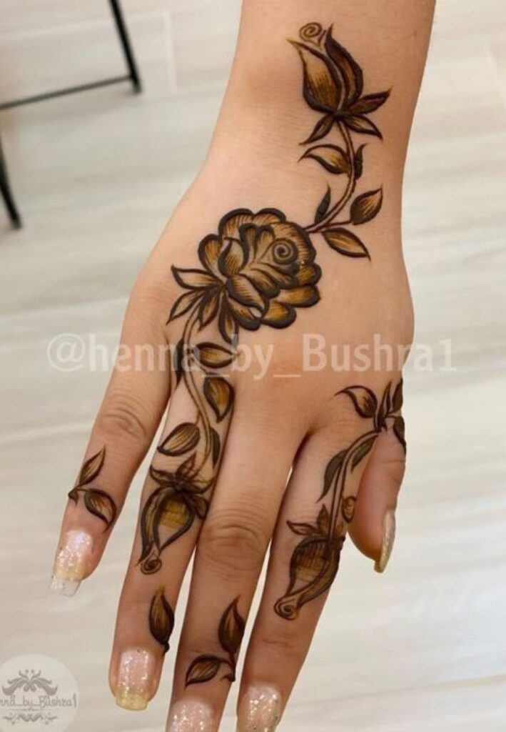 Back Hand Rose Mehndi Designs featuring elegant floral henna artwork.