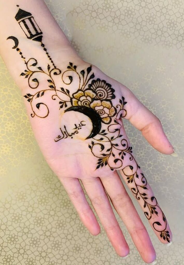 Rabi al-Awwal Mehndi Design 2026 front hand with elegant Islamic floral henna pattern by Mehndi Crafted