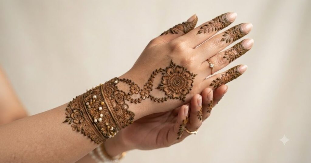 Bracelet style baby shower mehndi design on wrist