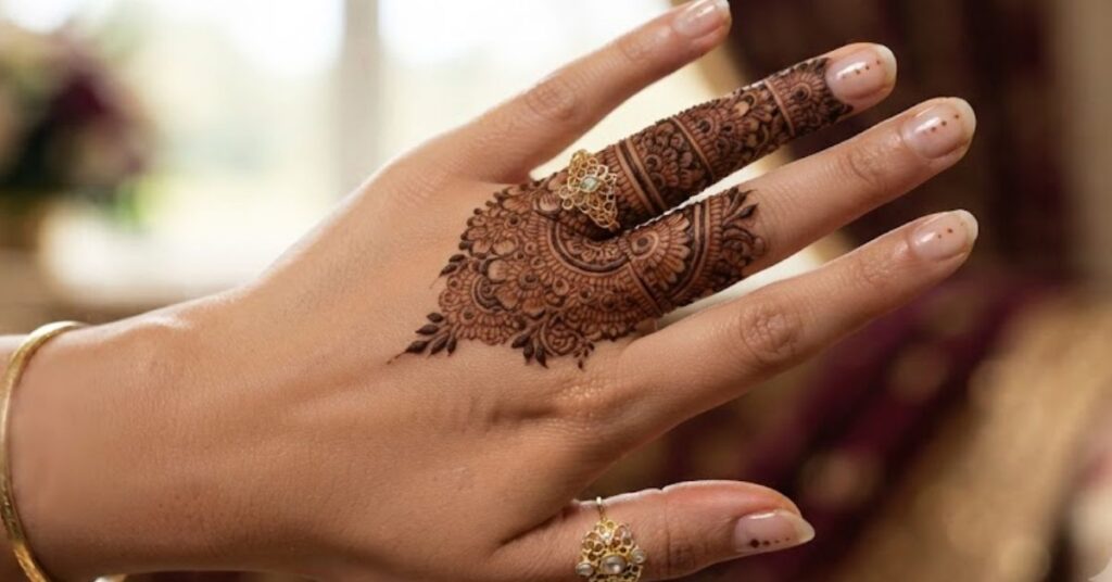 Bridal inspired one finger mehndi design with traditional details
