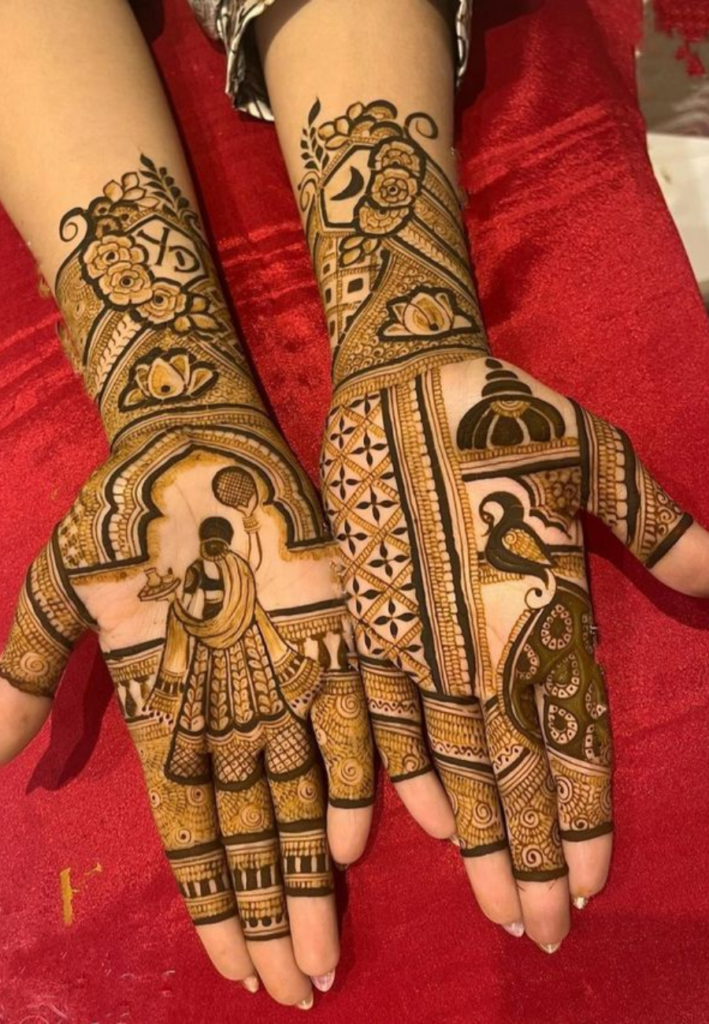 Bridal Karwa Chauth mehndi designs with intricate full-hand henna patterns including bridal motifs, peacocks, and traditional festive details.