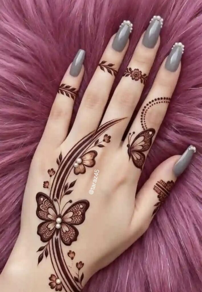 Butterfly inspired Gen Z Mehndi Designs 2026 with floral henna details