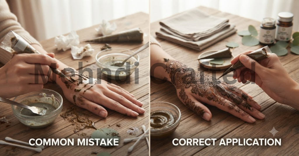 Split-scene comparison of mehndi application showing common mistakes like leaking cone and messy lines versus correct smooth henna design with properly filled cone.