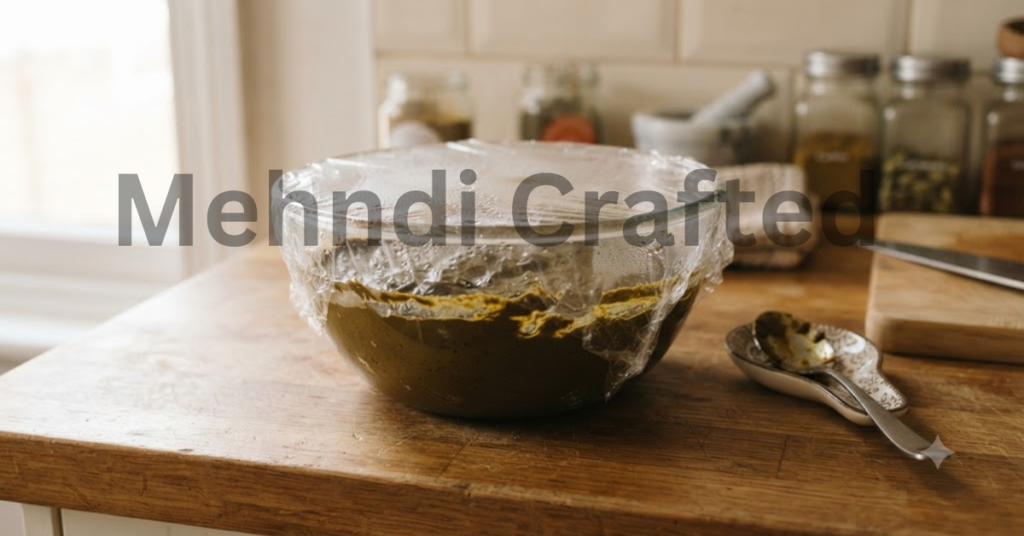 Homemade mehndi paste covered with plastic wrap for dye release
