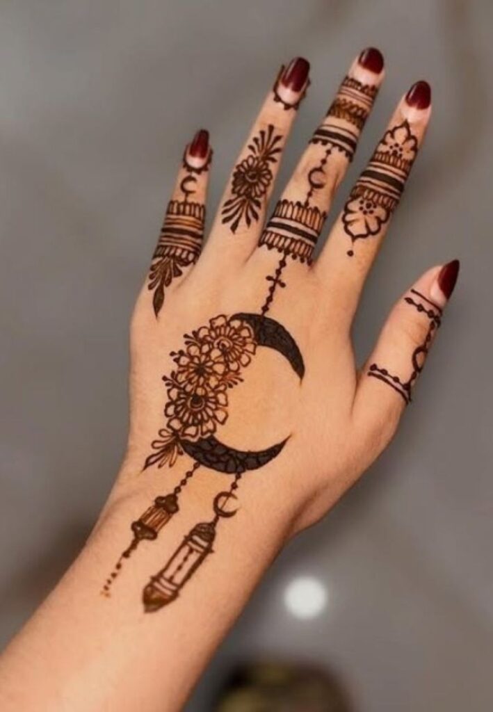 Crescent moon and star Rabi al-Awwal Mehndi Design 2026 on hands