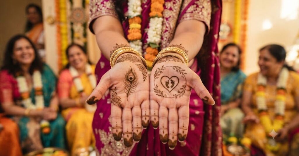 Traditional pregnancy mehndi designs representing motherhood celebration