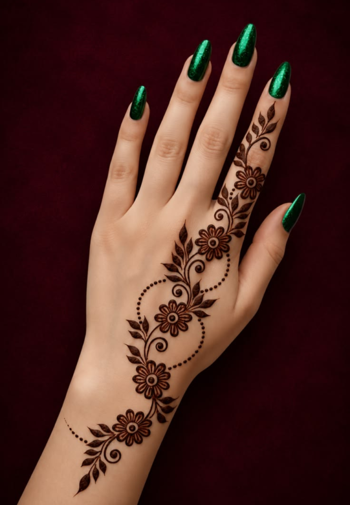 diagonal vine mehndi design for beginners simple henna pattern with flowing diagonal floral vine leaves and dots elegant easy mehndi style for hands