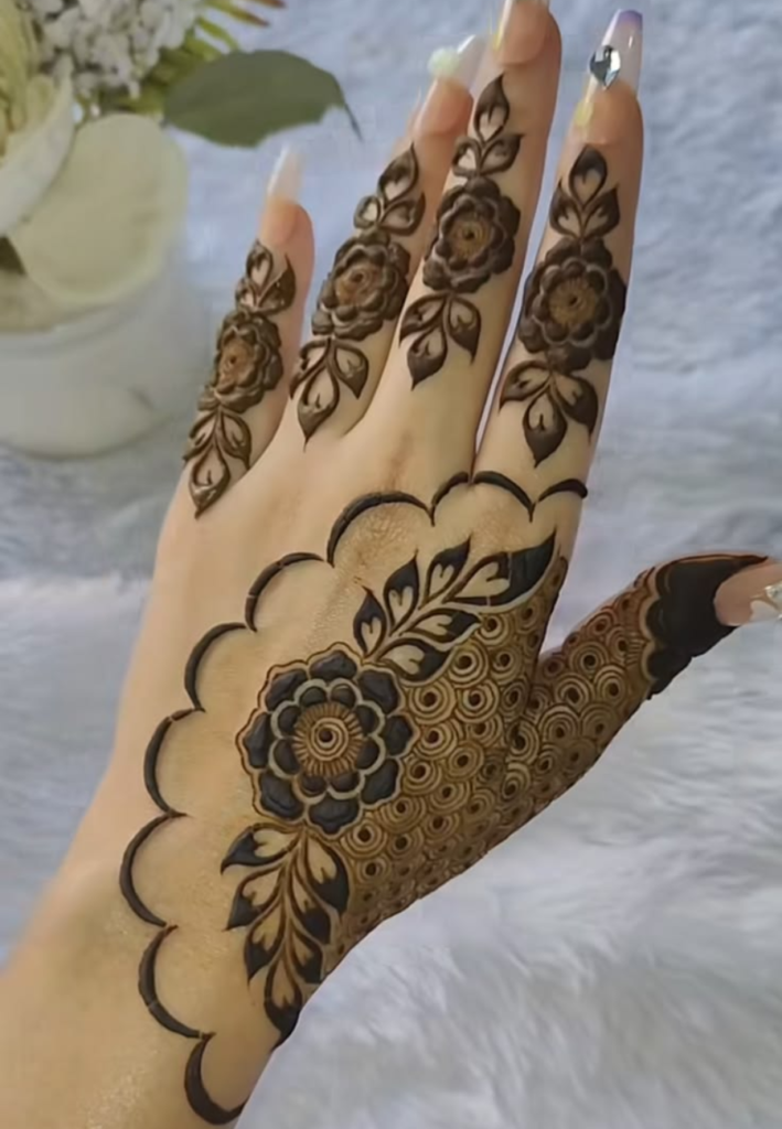 Easy half hand mehndi designs for beginners showing simple and light henna patterns applied from fingers to mid-hand with minimal detailing and open spaces for a clean look