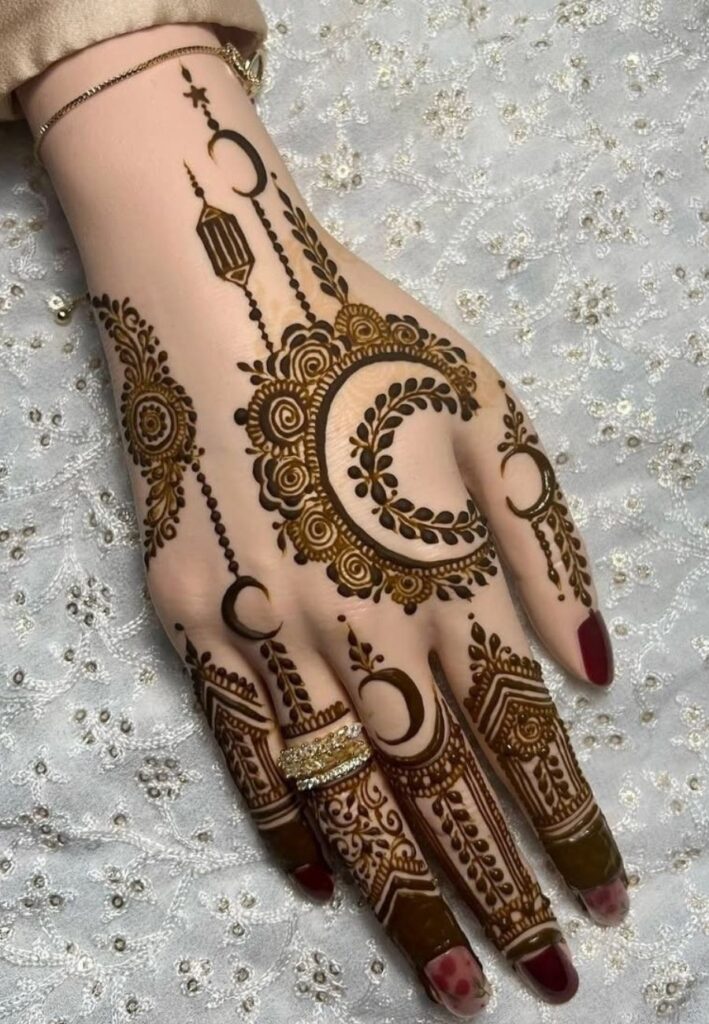 Elegant full-hand Pakistan Independence Day mehndi designs featuring traditional floral patterns, crescent moon and star henna artwork