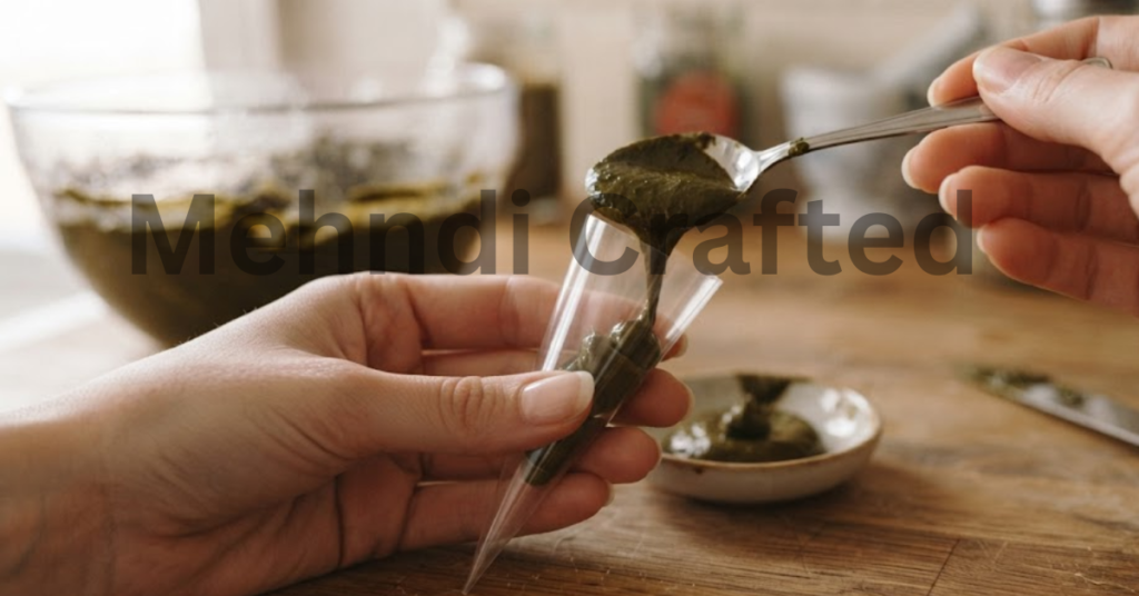 Filling a homemade mehndi cone with henna paste
