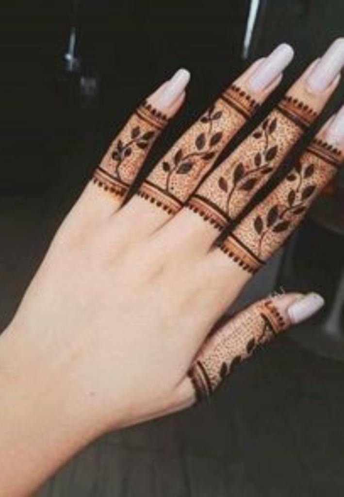 finger floral combo mehndi design for beginners simple henna pattern with floral motifs on each finger connected with vines and dots elegant easy mehndi art for hands