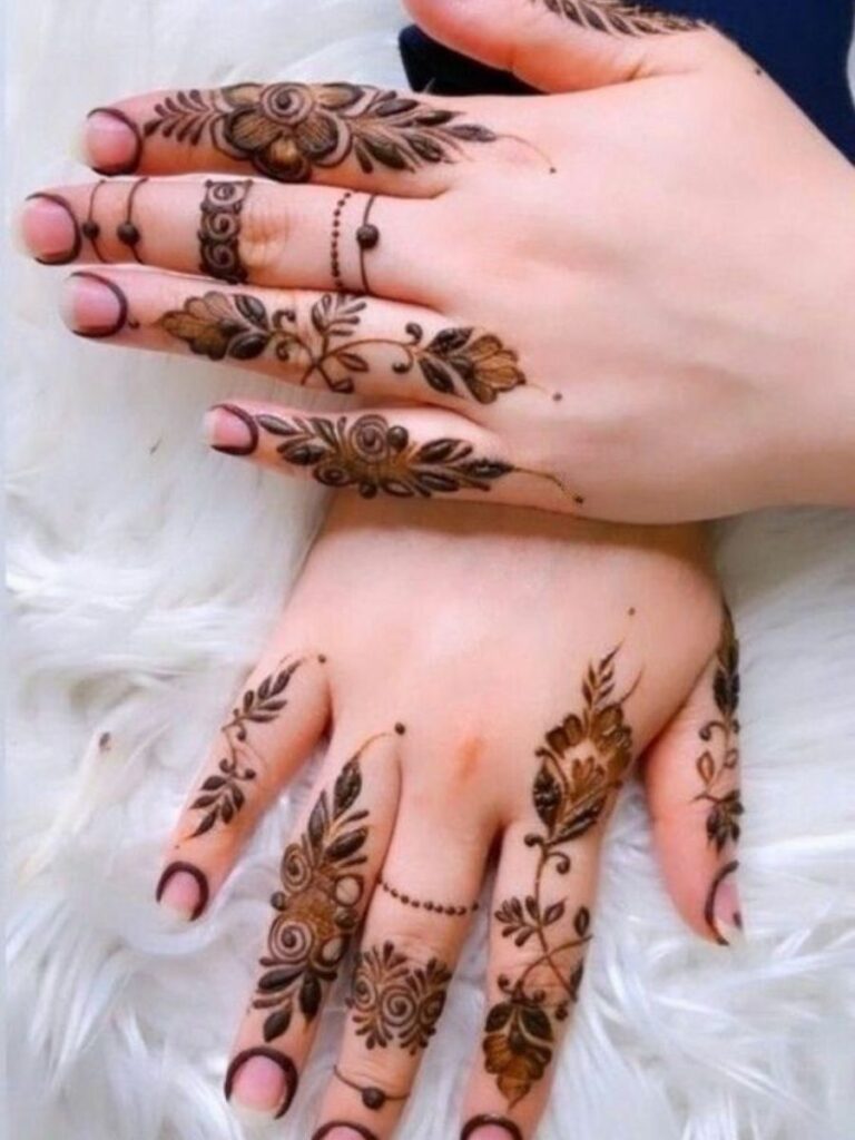 Finger Mehndi Designs for College Girls with trendy ring and chain henna patterns