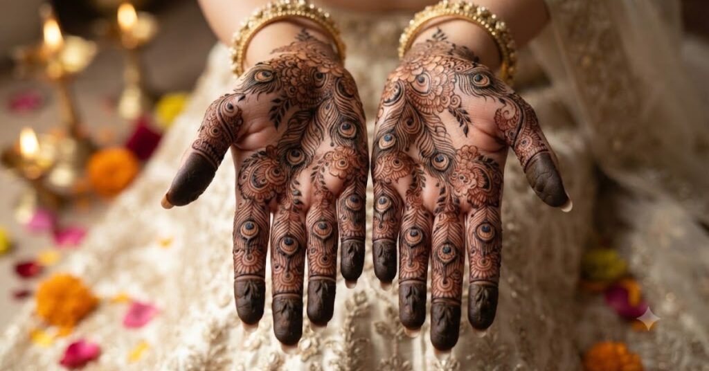 Finger Peacock Mehndi Designs with minimal feathers