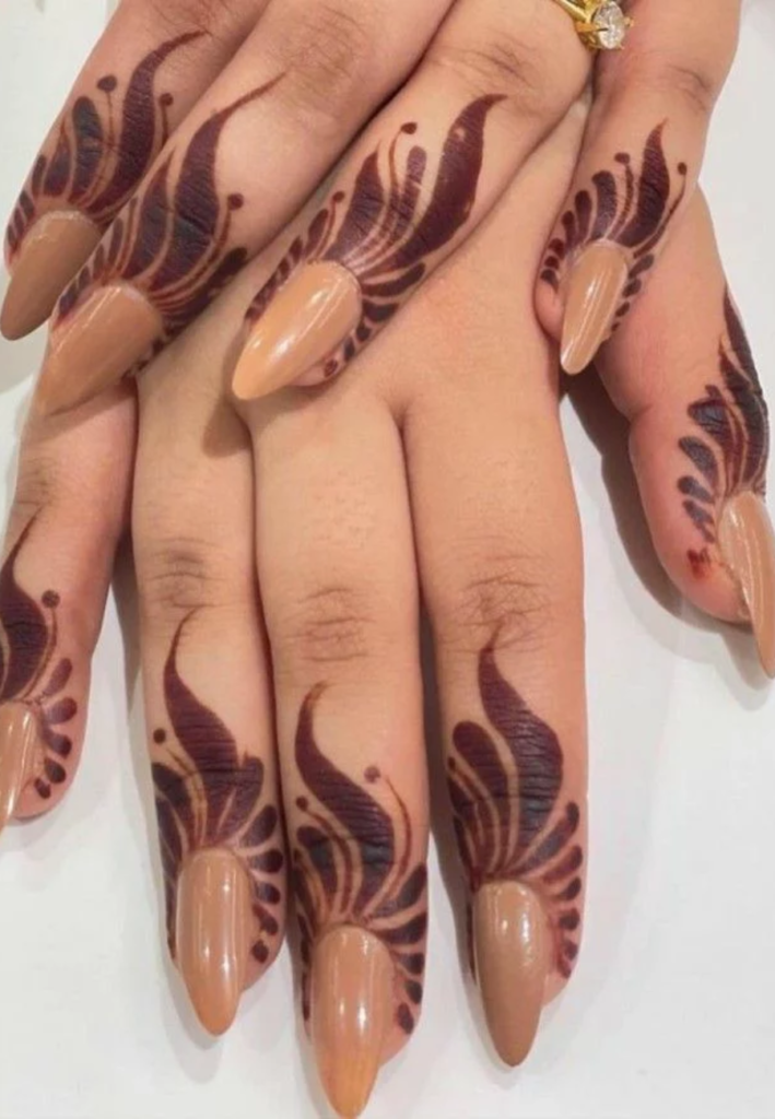 finger tip Arabic style mehndi design for beginners simple henna fingertip decoration with bold outlines and minimal empty space elegant easy mehndi design