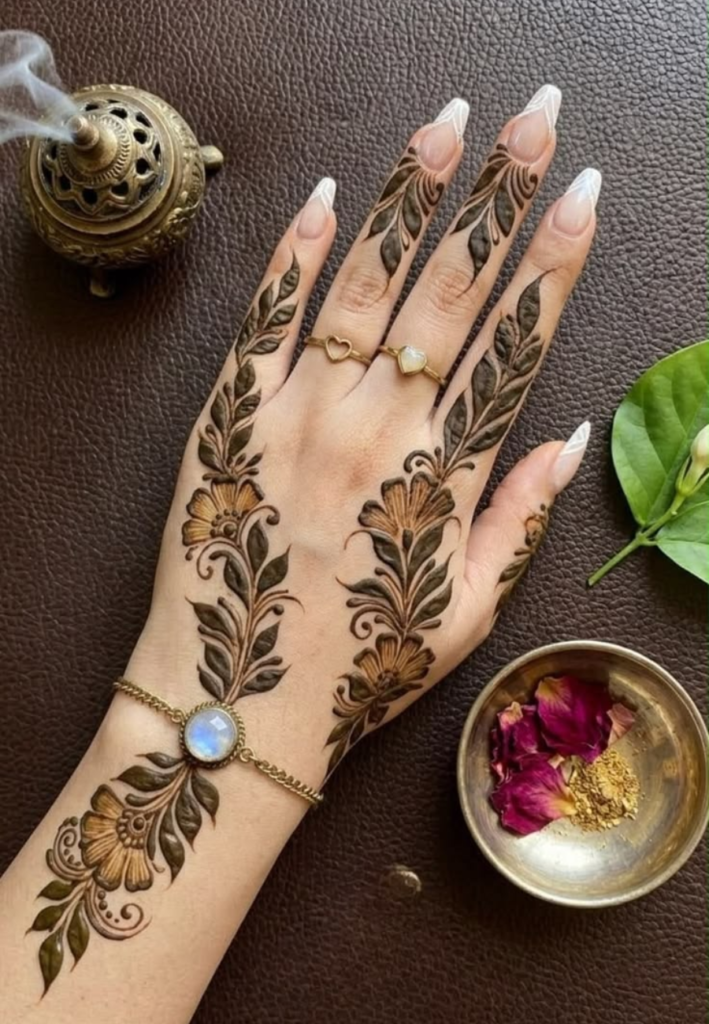 Finger-to-wrist floral flow Gulf Style Henna design with bold flowers and flowing vines starting from fingers and extending elegantly toward the wrist in Arabic mehndi style