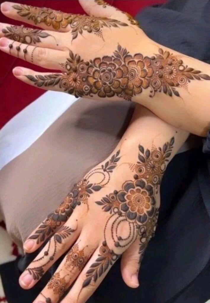 Floral anniversary mehndi design featuring beautiful flowers, leaves, and elegant henna patterns.