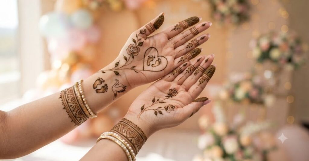 Floral baby shower mehndi design with elegant flower patterns
