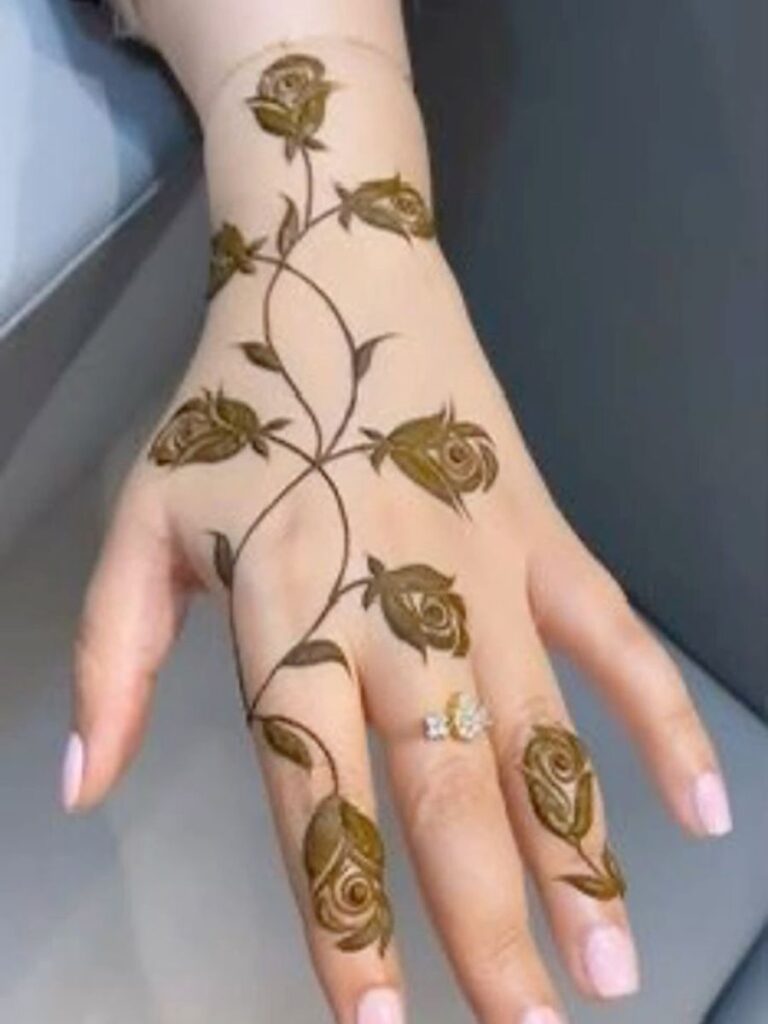 Rose Mehndi Designs for College Girls with elegant rose and vine patterns