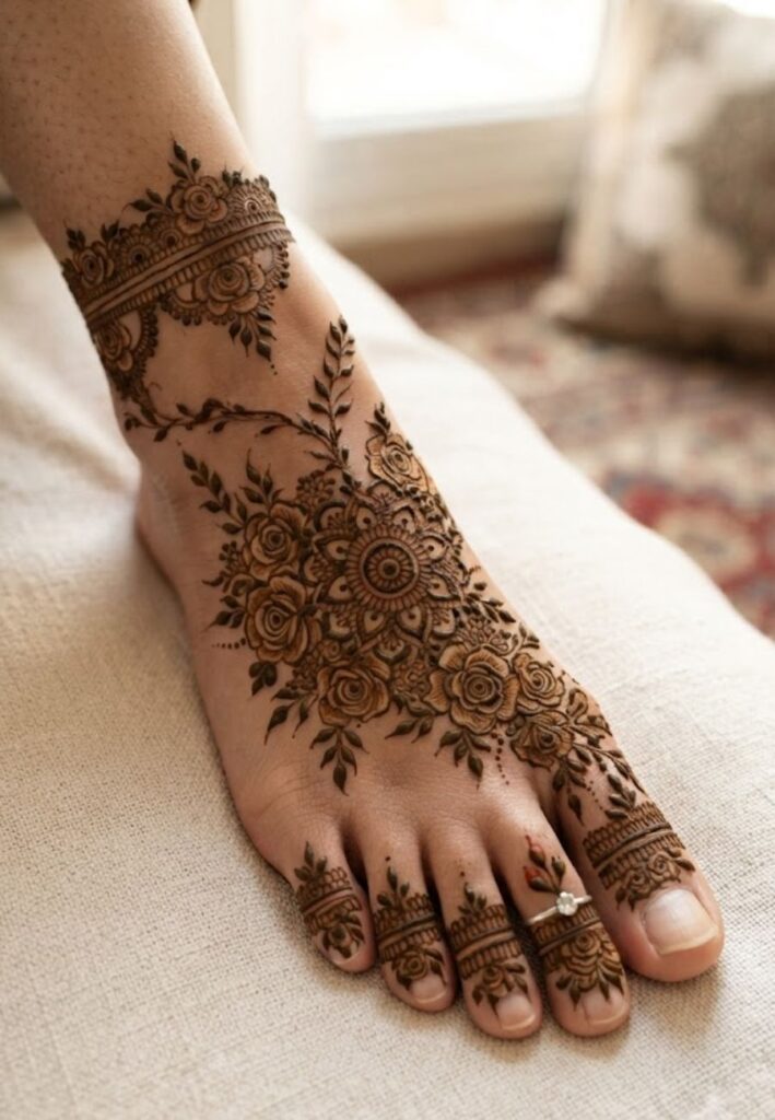 Floral Leg Mehndi Designs with rose and leaf patterns