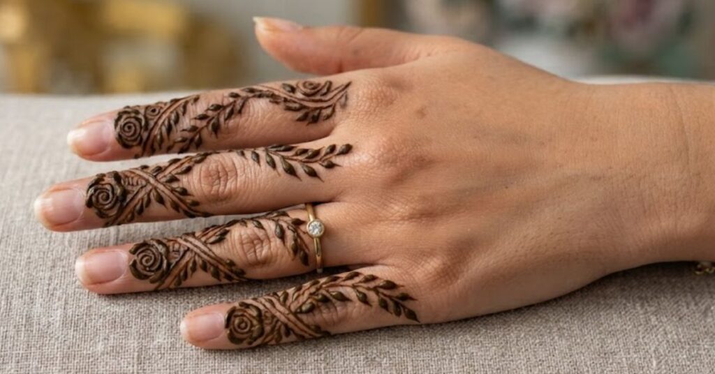 Floral royal finger mehndi design with roses and leaves