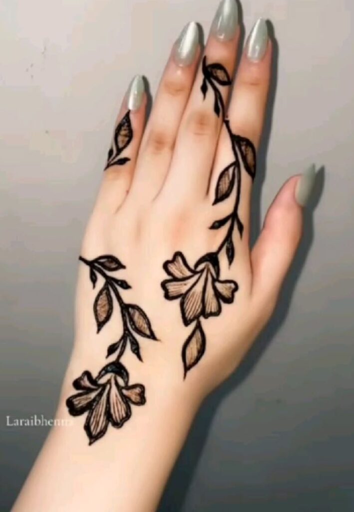Floral Vine Mehndi Designs 2026 featuring delicate flower patterns, leafy trails, and elegant aesthetic henna style