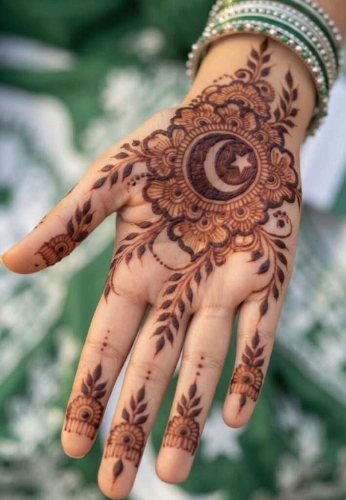 Front Hand 14 August Mehndi Designs for Girls featuring Pakistan Independence Day inspired floral henna patterns