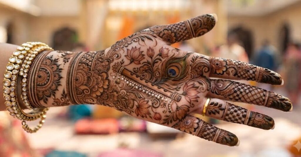 Front Hand Janmashtami Mehndi Designs with Krishna Artwork