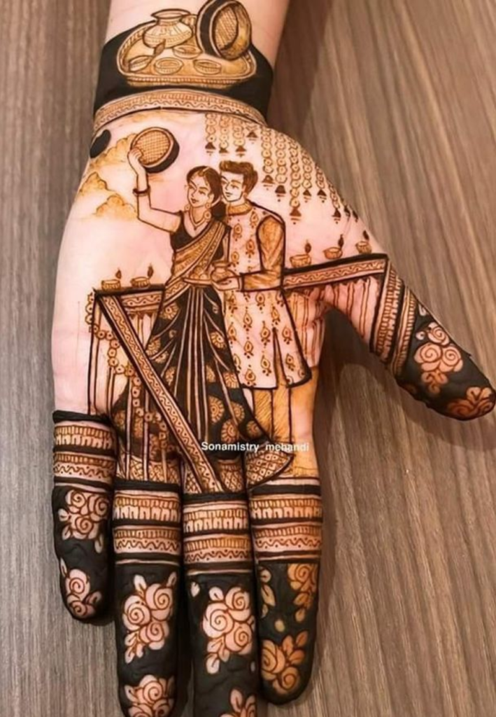 Traditional front hand Karwa Chauth mehndi design with floral and paisley patterns