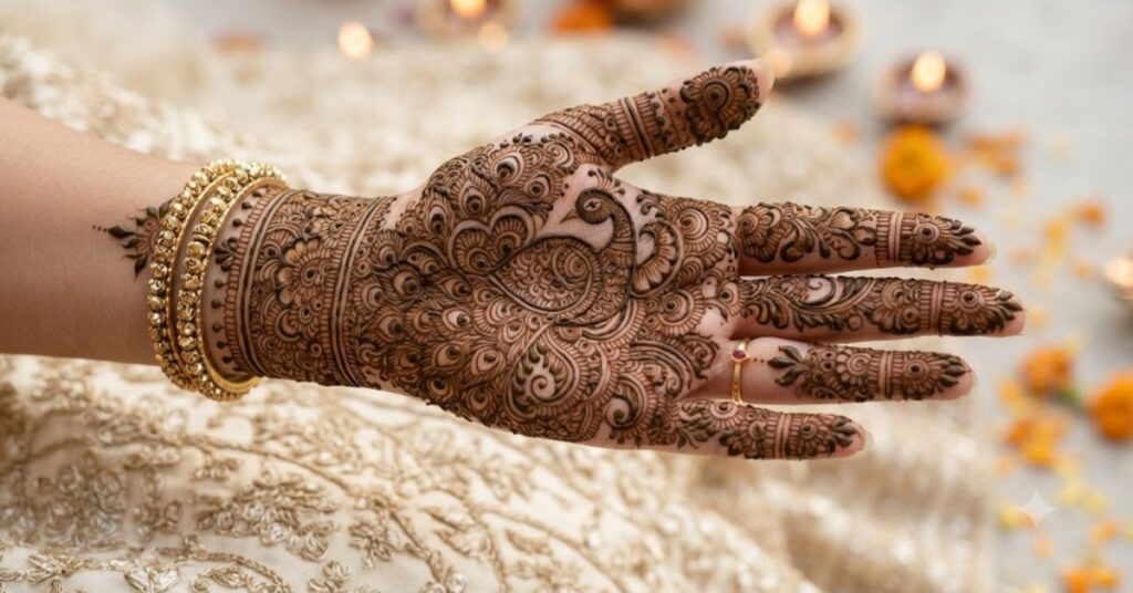 Front hand Peacock Mehndi Designs with floral patterns