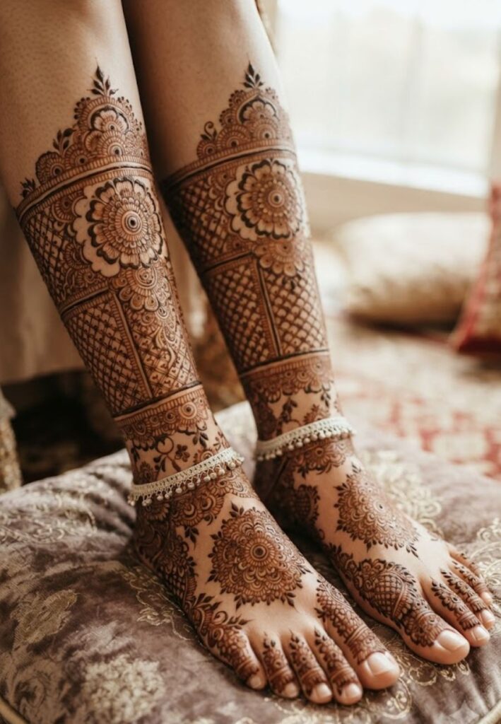 Bridal Leg Henna Designs covering feet and lower legs