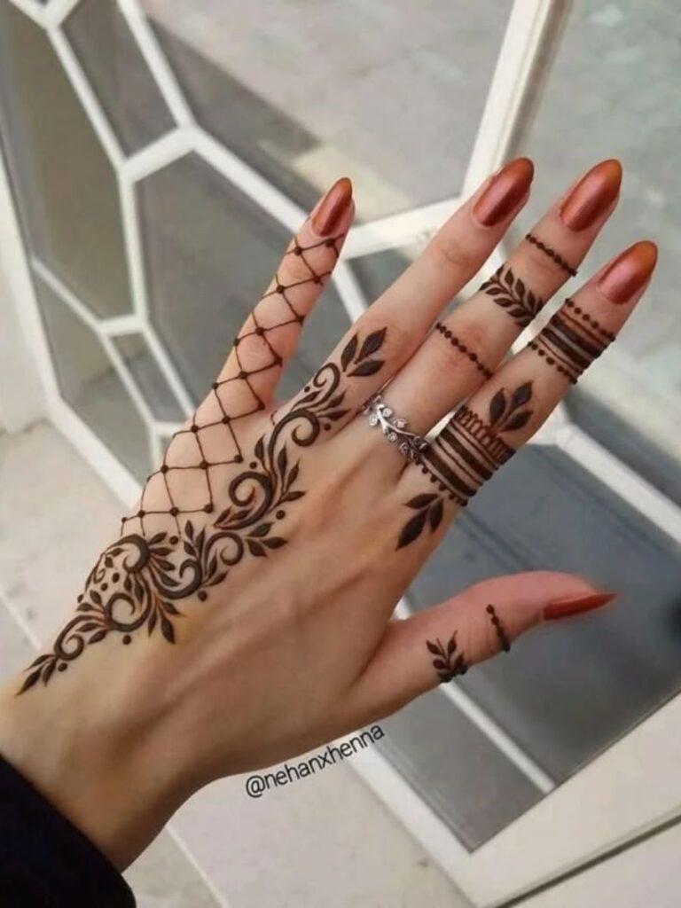 Half hand College Girl Mehndi Designs with stylish floral and Arabic motifs