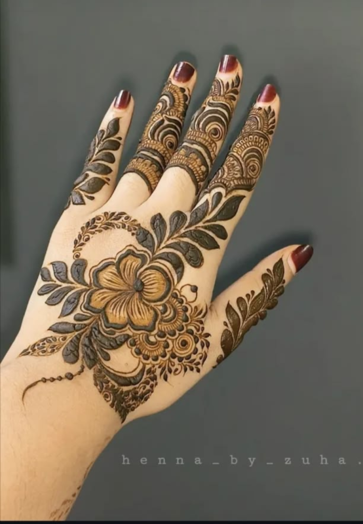 Half-hand floral Gulf Style Henna pattern with bold flowers, flowing vines, and elegant Arabic mehndi design covering one side of the hand