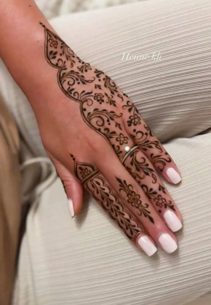 Half hand Moroccan mehndi design with stylish geometric patterns, floral elements, and modern henna artwork.