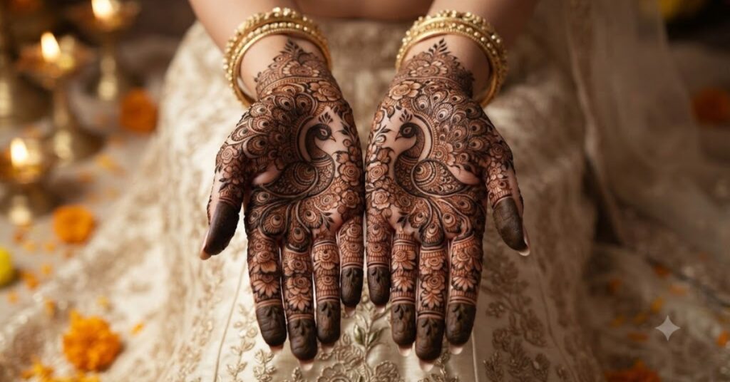 Half hand Peacock Mehndi Designs with floral vines