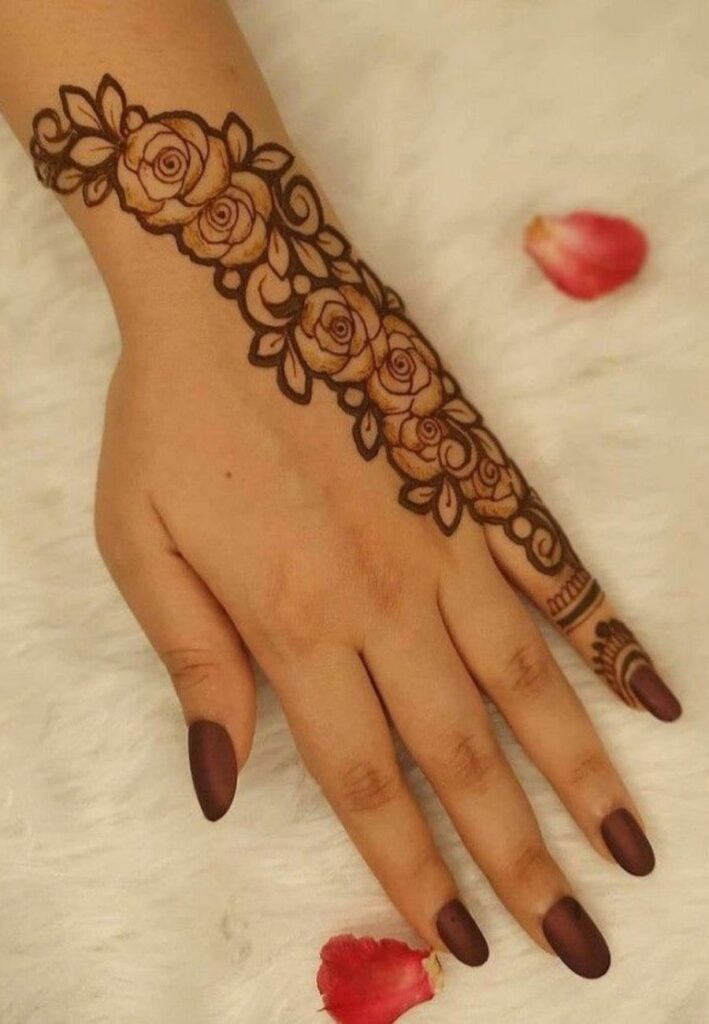 Half-Hand Rose Mehndi Designs with stylish floral rose henna patterns.
