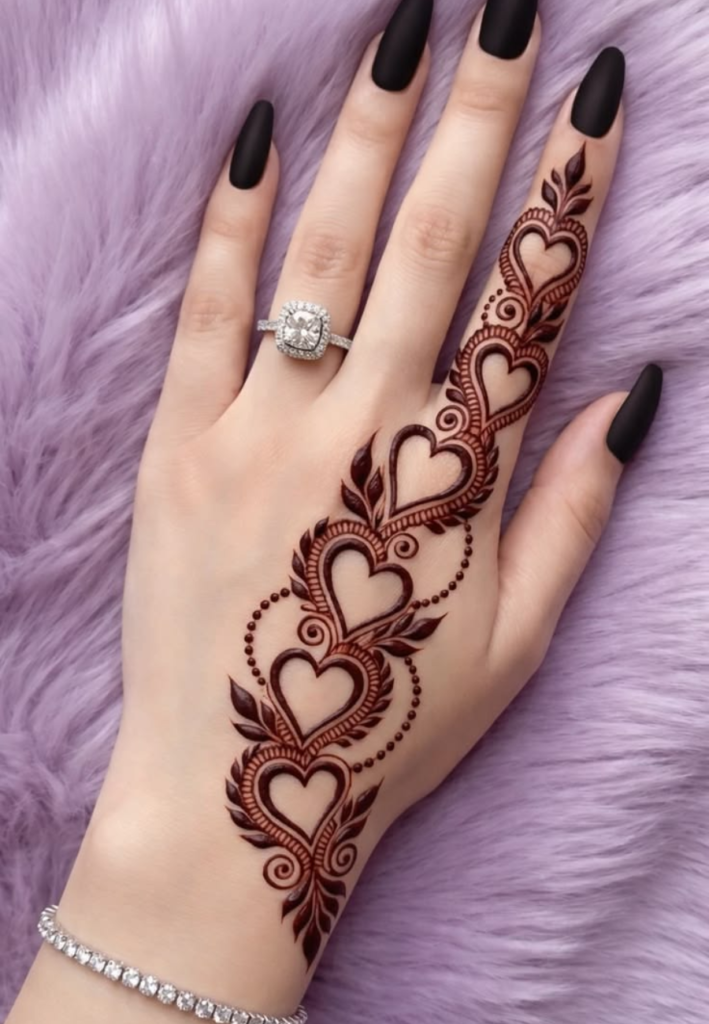 heart shape mehndi design for beginners simple henna pattern with small hearts vines and dots elegant easy romantic mehndi art for hands