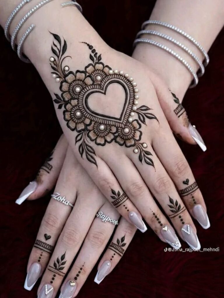 Heart-Themed College Girl Mehndi Designs with cute heart and floral patterns