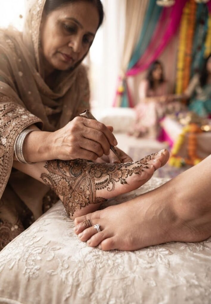 Professional artist applying Leg Mehndi Designs on bridal feet