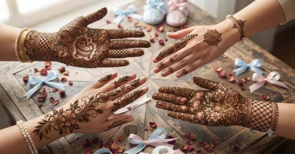 Different styles of baby shower mehndi designs for moms to be