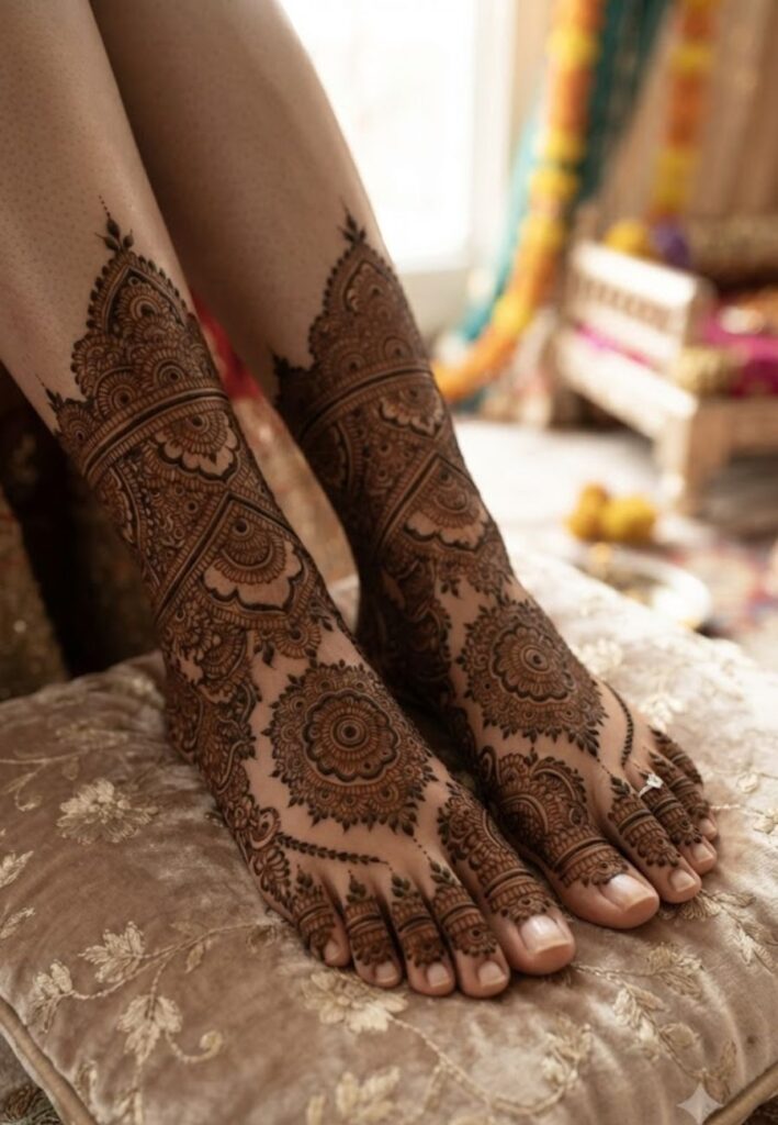 Dark stained Leg Mehndi Designs after natural henna care