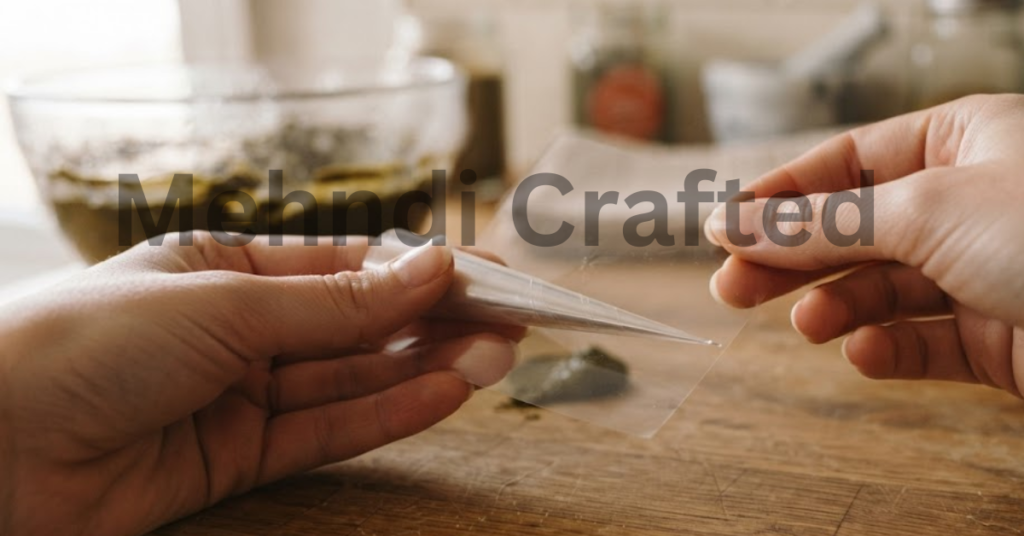 Rolling a cellophane sheet into a homemade mehndi cone