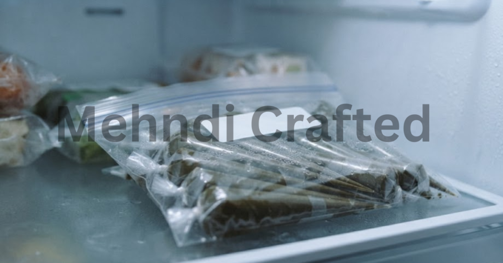 Homemade mehndi cones stored in a ziplock bag inside a refrigerator to keep them fresh and long-lasting for later use
