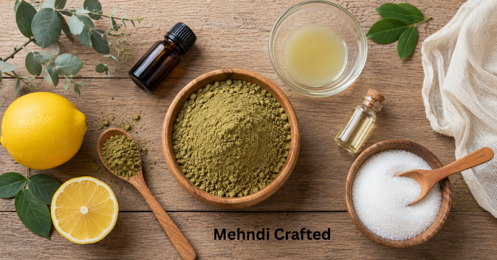 Henna powder, lemon juice, sugar and essential oil for homemade mehndi