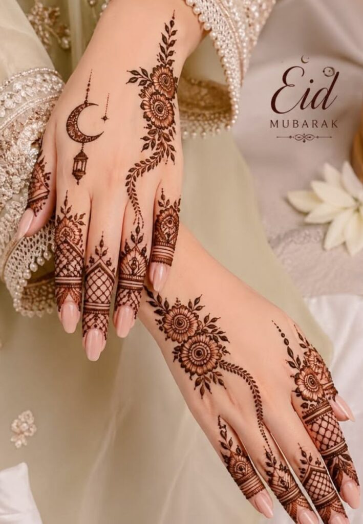 Front Hand Rabi al-Awwal Mehndi Design 2026 with elegant floral henna patterns