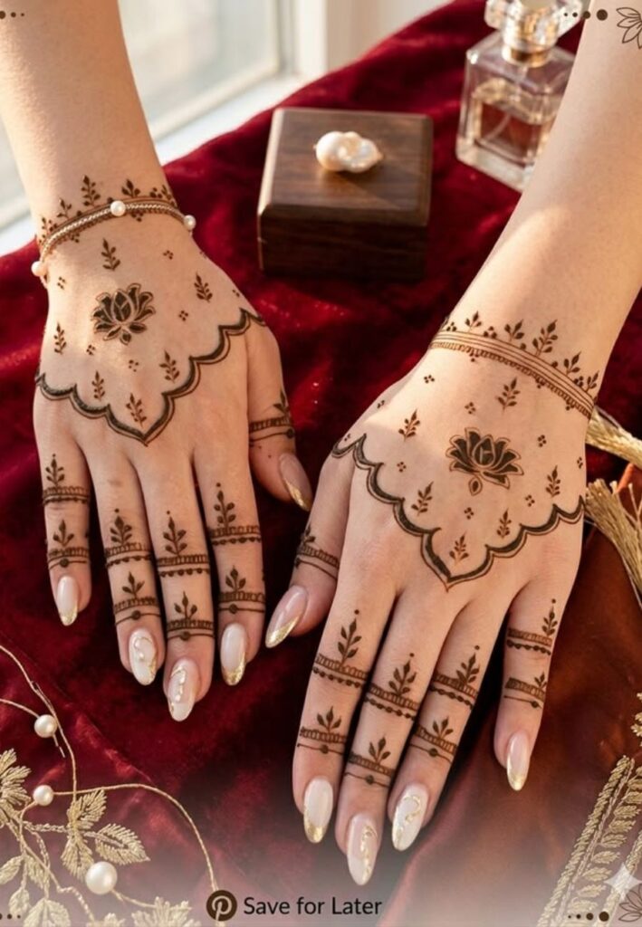 Jewelry Style Mehndi Design 2026 with elegant bracelet, ring and hand chain henna patterns